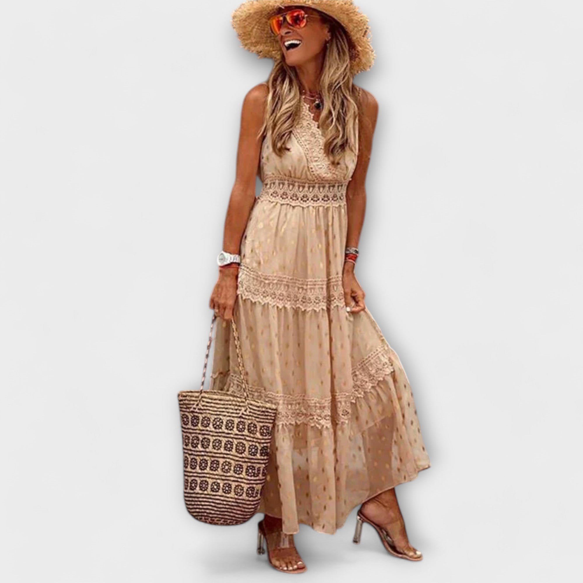 Maxikjole med Boho-blonder