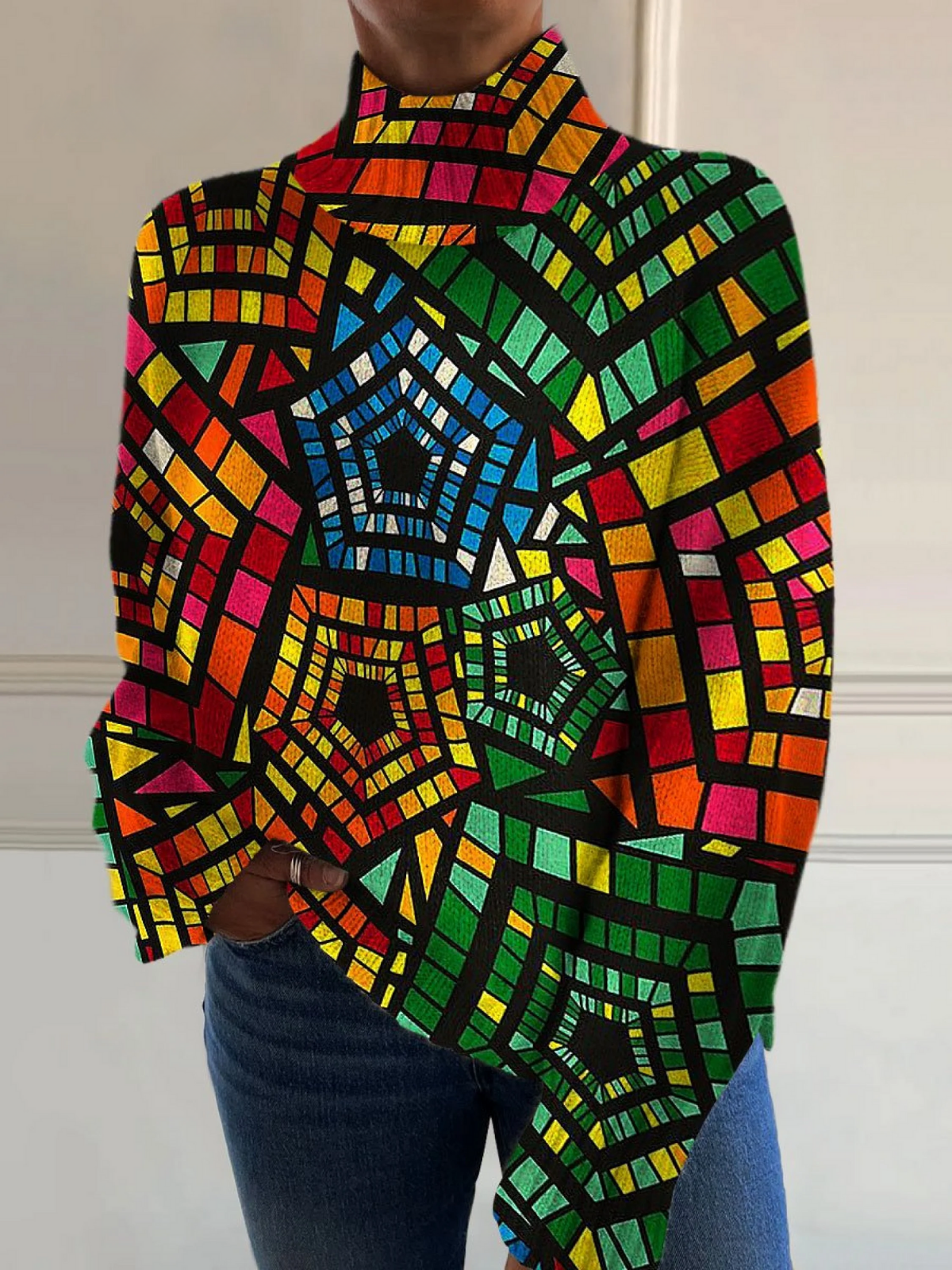 Retro Abstraktní Barevný Pětiúhelníkový Geometrický Umělecký Tisk Svetr s Rolákem