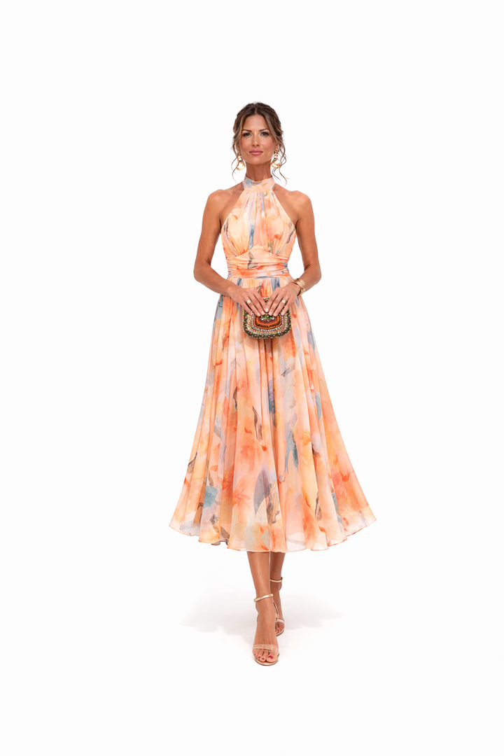 Esther™ | Maxi φόρεμα με λαιμόκοψη halter και εκτύπωση ακουαρέλας