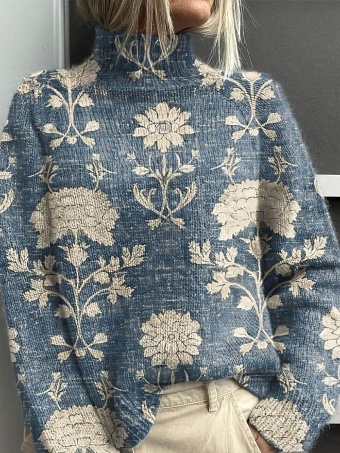 Dámský Vintage Roztomilý Květinový Vzor Svetr s Kapsou