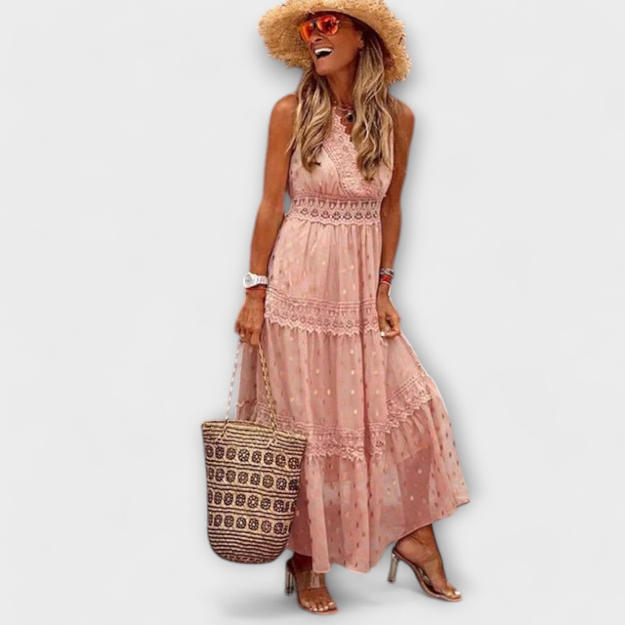 Maxikjole med Boho-blonder