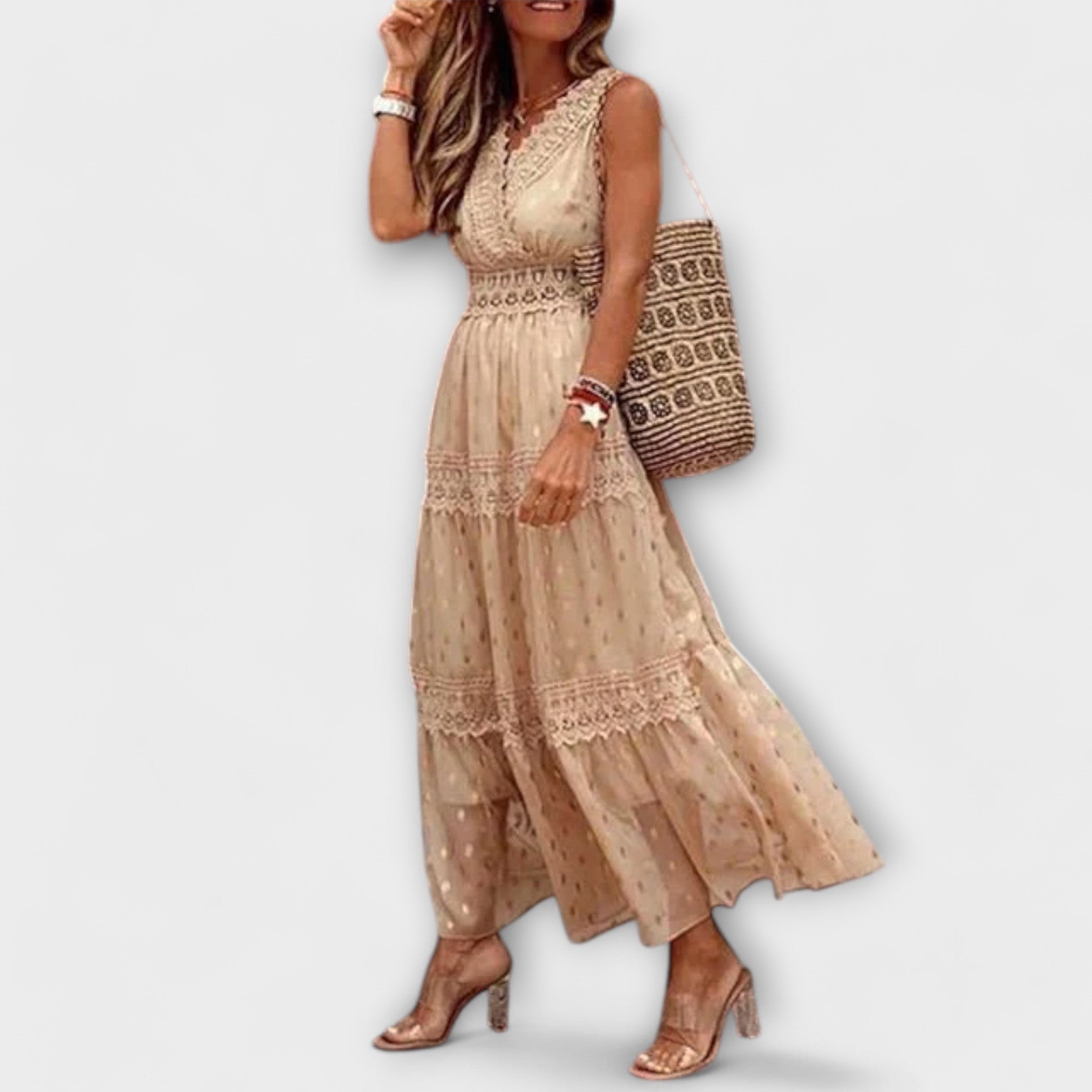 Maxikjole med Boho-blonder
