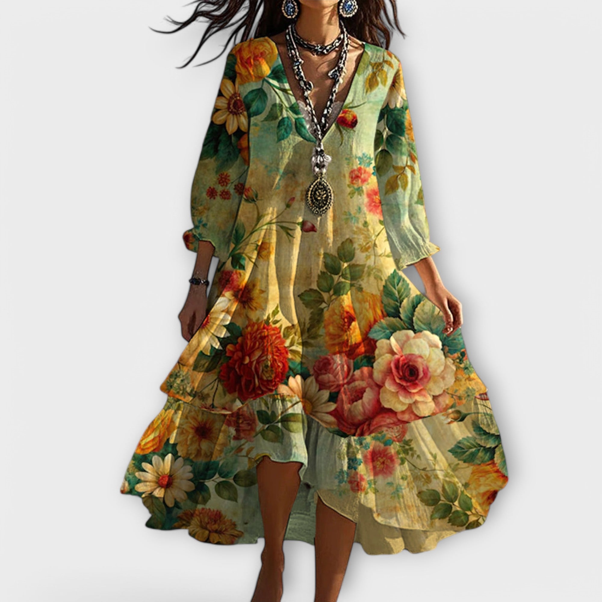 Marina - Vintage Boho Blomsterprint V-hals Kjole